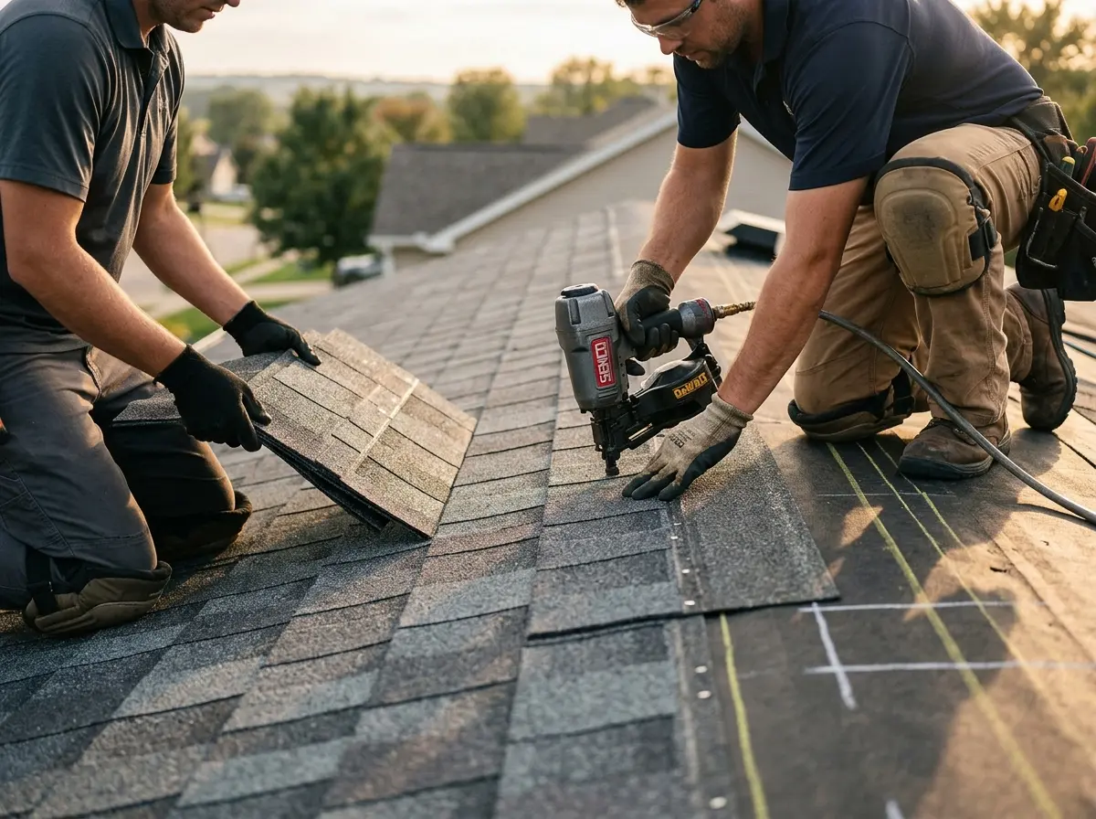 Professional roofer working on a residential roof in Wakefield